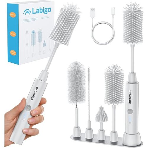 LABIGO Electric Bottle Brush Cleaner Set, Baby Bottle Brush with IPX7 Waterproof and 2 Adjustable Speeds, 4 Replaceable Brush Heads for Baby Bottle, Coffee Cup, Mug, Sports Bottle, Glass Cup