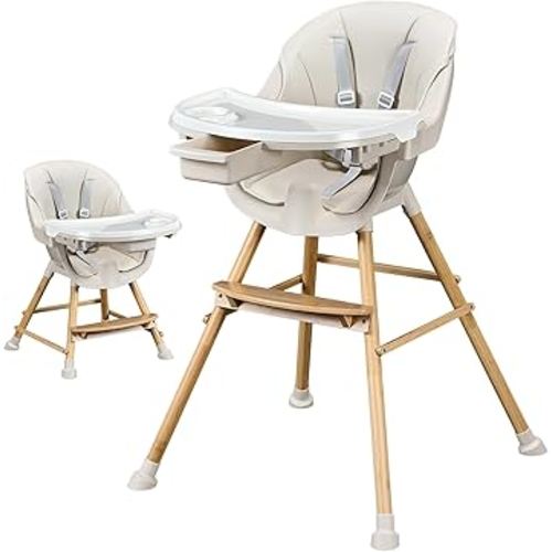 3-in-1 Wooden Baby High Chair, Convertible High Chairs for Babies and Toddlers, Baby High Chair with Adjustable Wooden Legs &Removable Tray, Easy to Clean