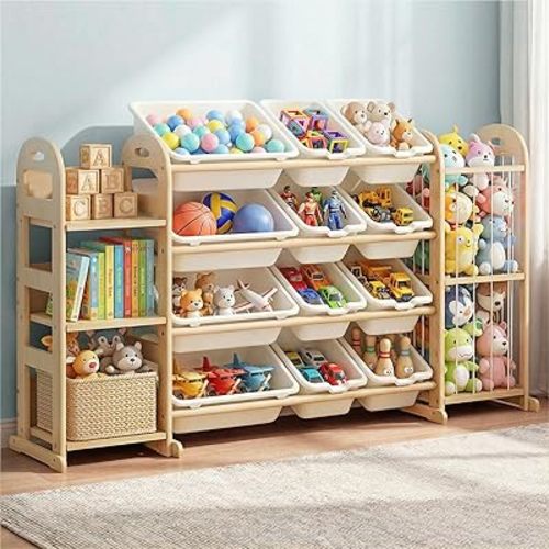 Kids Toy Storage Organizer, Toy Organizers and Storage with Stuffed Animal Storage, Toy Storage Shelf with 3 Shelves, 12 Storage Bins, Kids Bookshelf, Toy Holder for Playrooms, Bedrooms, White