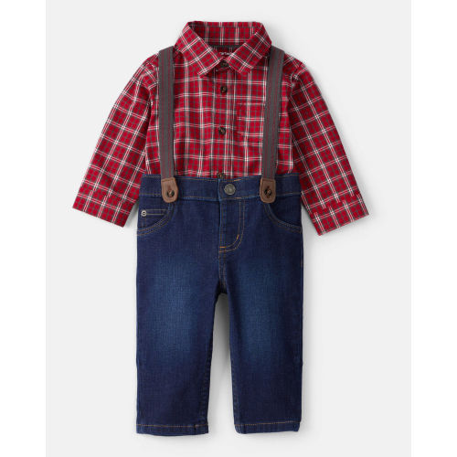 Baby Boy 3-Piece Plaid Print Long-Sleeve Shirt & Suspender Pant Set - Red/Denim | Carter's