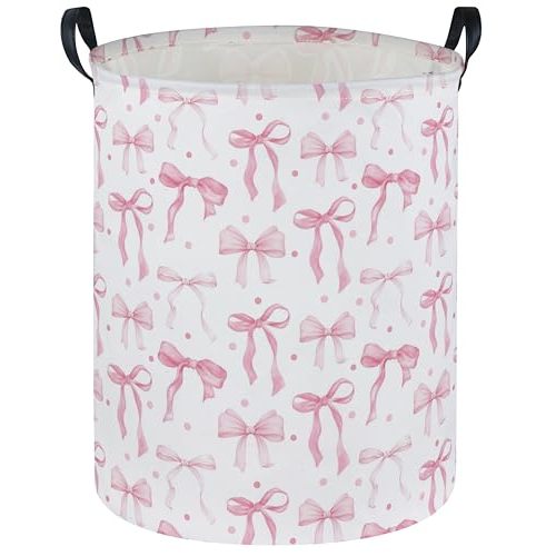 DDBASKET Girls Laundry Basket Pink Hamper for Nursery Bowkont Hamper Cute Kids Storage Bin Organizer Room Decor for Home(Pink bowkont)