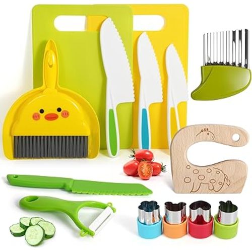 Kids Kitchen Knife Set, 15 Pcs BPA Free Montessori Kitchen Tools for Toddlers' Real Cooking, Include Knives, Crinkle and Sandwich Cutters, Peeler, Cutting Boards, Cleaning Tools for 3+ Birthday Gift
