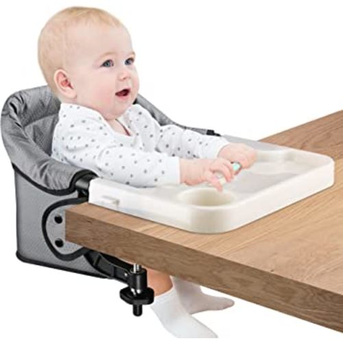 Hook On Chair with Removable Dining Tray,Folding Baby Chair, Portable Table High Chair with Storage Bag for Indoor/Outdoor, Grey