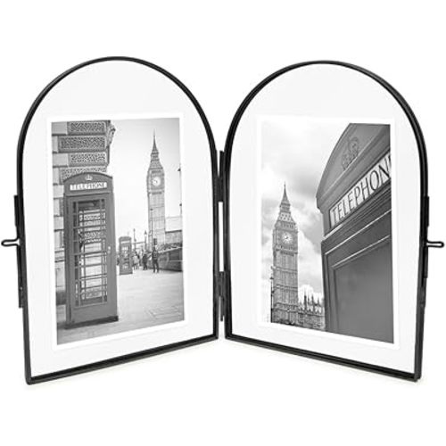 Isaac Jacobs 4x6 Vintage Style, Double-Sided Arched Brass & Glass Metal Floating Picture Frame with Locket Closure (Vertical), Made for Tabletop Display (4x6 Vertical, Black)