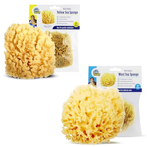 Baby Buddy Bathing Sponge Bundle; 1 Pack of Natural Yellow and 1 Pack of Wool Sea Sponge, Newborn Bath Time Essential