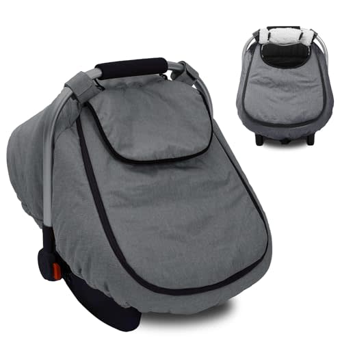 Winter Baby Car Seat Cover, Waterproof Carseat Cover with Zipper Peep Window, Warm Sherpa Fleece Lining, Universal Infant Car Seat Canopy Stroller Cover for Rain Snow Cold Weather (Grey)