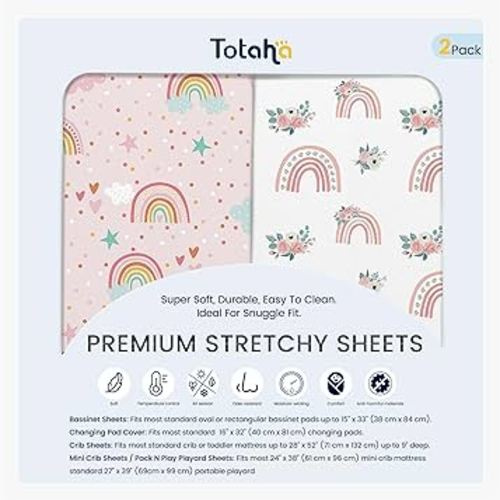 TotAha Premium Soft Pack n Play Sheets, Super Stretchy Jersey Knit Mini Crib Sheets Fitted, Silky Comfort Pack and Play Mattress Sheets, 2 Pack (Rainbow)