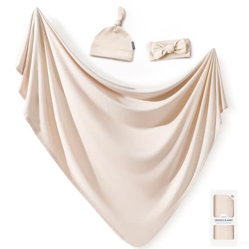 GRSSDER Newborn Swaddle Blanket, Ultra Soft Jersey Receiving Blanket with Matching Headband and Beanie Set, Baby Swaddle
