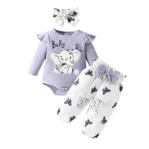 Durtebeua Baby Girl Outfits Girls Clothing Set 3 Pcs Floral Soft Crewneck Long Sleeve Top + Leggings Loose Outfits With Bowknot Purple,3-6 Months