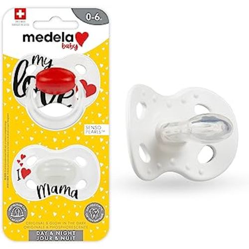 Medela Baby Pacifier | Day and Night Glow in The Dark | 0-6 Months | 2-Pack, Lightweight | BPA-Free | Supports Natural Suckling | My Love and I Love Mama