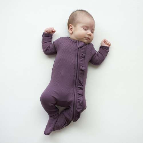 Ribbed Ruffle Zipper Footie in Currant - NB