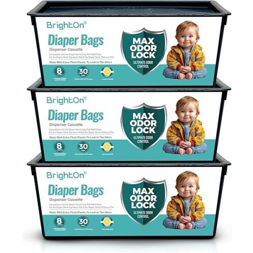 BrightOn Diaper Pail Refills with 90 Bags Compatible with Genie Easy Roll Signature Diaper Pails, 3-Pack (90 Bags)