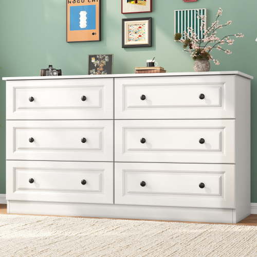 NEGYLIM 6-Drawer White Dresser, 47-inch Wide Chest for Bedroom Storage, Farmhouse Style with Anti-Tip Safety