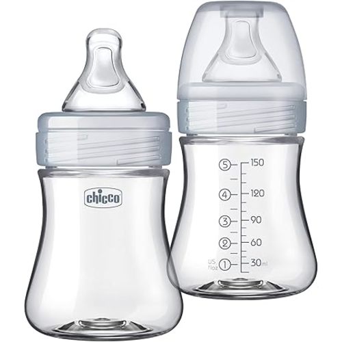 Chicco Duo 5oz. Hybrid Baby Bottle with Invinci-Glass Inside and Plastic Outside | Dishwasher, Bottle Warmer, and Electric Sterilizer Safe | Intui-Latch Nipple | Clear/Grey, 2pk