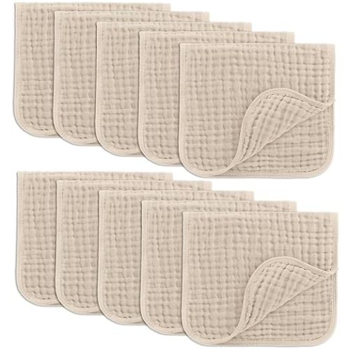 Comfy Cubs Muslin Burp Cloths 20" x 10", Pack of 10 - Large, 6-Layer, Ultra Absorbent 100% Cotton for Baby Drool and Messes - Soft, Safe & Gentle Baby Burp Cloths for Boys & Girls - Sand