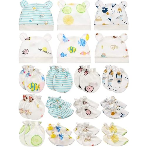 Geyoga 18 Pcs Baby Hats Mittens and Socks Set Newborn Mittens No Scratch Baby Hats and Newborn Socks for 0-6 Months