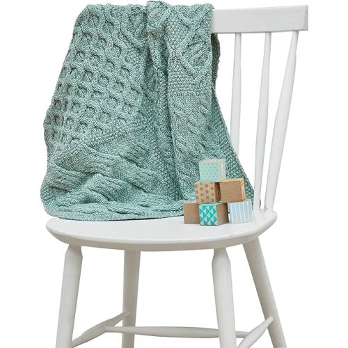 Supersoft Merino Irish Baby Blanket Cable Knit Throw Made in Ireland 22" x 32" (Sea Foam Green)