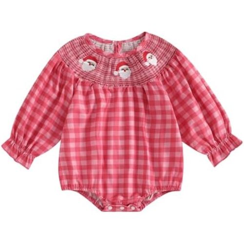 Honganda Newborn Baby Girl Christmas Outfit Plaid Smocked Bubble Romper Santa Claus Gingerbread Man Embroidery Xmas Clothes