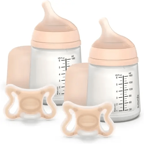 Suavinex Zero Zero Deluxe Newborn Starter Set Small Anti Colic Baby Bottle + Pacifier, No 1 Spanish Baby Bottle Brand, Minimizes Bottle Rejection & Nipple Confusion, Adaptable Flow - Fair