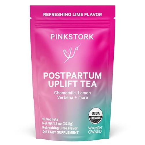 Pink Stork Postpartum Uplift Mood Support Tea: Hormone Balance for Women After Pregnancy, Chamomile Tea with Red Raspberry Leaf for Postpartum Recovery - Caffeine-Free, Hot or Iced, 15 Sachets