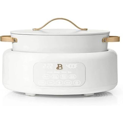 Beautiful 10-in-1 Electric Multi-Cooker by Drew Barrymore, 6-quart, digital display, 10 cooking functions, non-stick pot, easy one-touch control (White Icing)