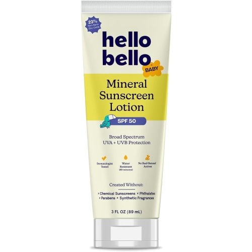 Hello Bello Baby Mineral SPF 50 Sunscreen Lotion with Broad Spectrum UVA + UVB Protection, Water Resistant and Reef Friendly Sun Protection for Babies and Kids, 3 fl oz (Pack of 1)