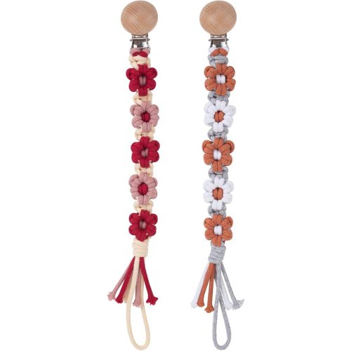 Pacifier Clip for Boys Girls Floral Daisy Macrame Baby Paci Clip Pacifier Holder Leash Boho Wooden Clips Handmade Braided Cotton Binky Clips (2pack:Red Daisy × 2)