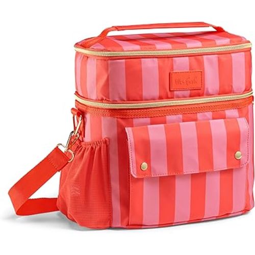 Fit & Fresh Sidekick Insulated Cooler Bag – Dual Compartment Leakproof Soft Sided Lunch Cooler, Small Cooler Bag with Crossbody Strap, 15 Can Capacity for Work, Beach & Travel, Daiquiri Cabana Stripe