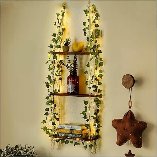 Hanging Shelf with Vine Lights, Macrame Plant Wall Shelf, Wall Storage with Handmade Woven Ropes, 3 Tier Floating Shelf, Boho Room Decor Aesthetic for Succulents, Bedroom, Living Room, Bathroom