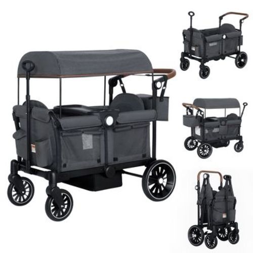 Kinder King 2-Seat Wagon Stroller, All-Terrain Foldable Stroller Wagon for Toddlers with Canopy, Snack Tray & Push/Pull Bar