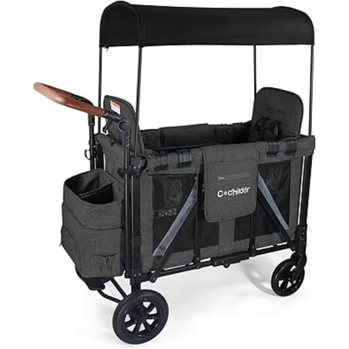 Elite 2 Seater Wagon Stroller for Kids, Foldable Stroller Wagon with Removable Seats & Canopy, 5-Point Safety Harness, Adjustable Handle, Dark Grey