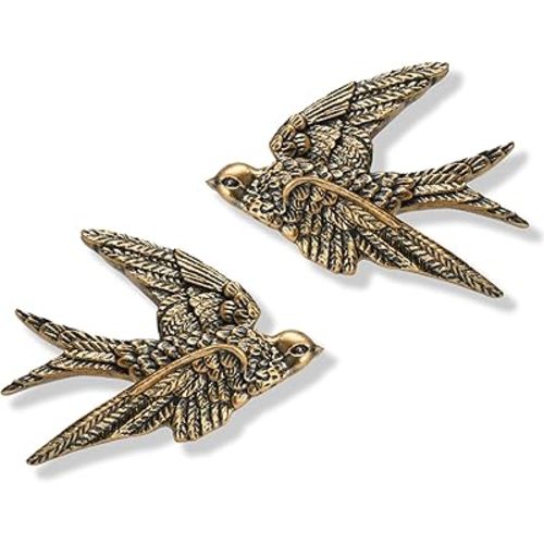 AMOIENSIS Bird Wall Sculpture Art, (Set of 2) 4¾ inch Resin Antique Gold Bird 3D Sculpted Floating Hanging Wall Sculpture Decoration