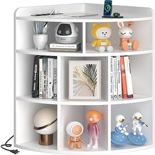 VECELO Corner Cube Shelf with USB Ports & Outlets, Modern Corner Toy Storage Rack with Adjustable Shlef, Wooden Display Bookshelf Bookcase for Living Room, Bedroom, Dining Room, Kitchen, White