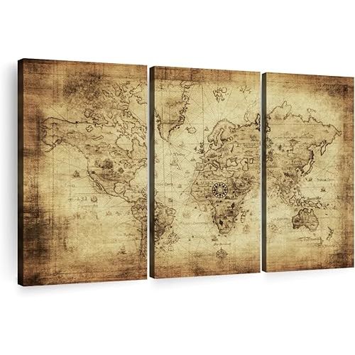 ElephantStock Ancient World Map Wall Art Multi Piece Canvas - 3 Piece Canvas World Map Wall Decor - Wall Decor - Ready-to-Hang Print - Vintage Wall Art - 23" X 14"