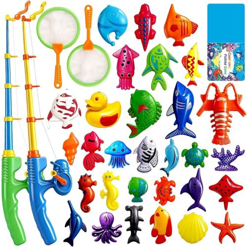 CozyBomB™ Magnetic Fishing Toys Game Set for Kids | Water Table Bathtub Kiddie Pool Party Pole Rod Net, Outdoor Plastic Floating Fish, Toddler Bath Color Ocean Sea Animals Birthday Gift Age 3-5 6 4-8