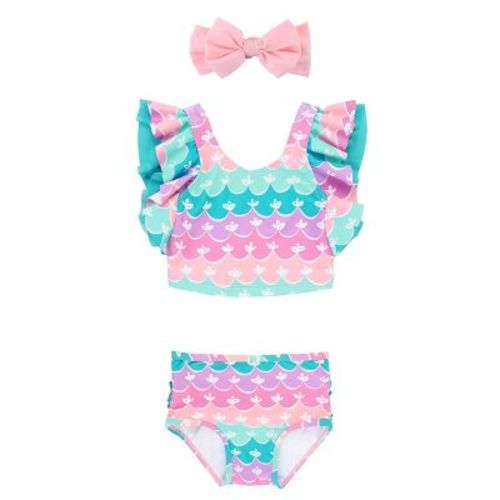 RuffleButts Infant Mermaid Butterfly Tankini and Pink Bow Headband Set - Blue, Size: 6-12 Months