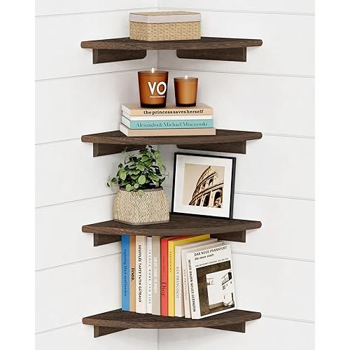 Forbena Large Corner Floating Shelves for Wall Set of 4, 12 Inch Deep Wall Mounted Corner Shelves for Bedroom, Livining Room, Farmhouse Hanging Bookshelf Bookshelves (Rustic Brown)