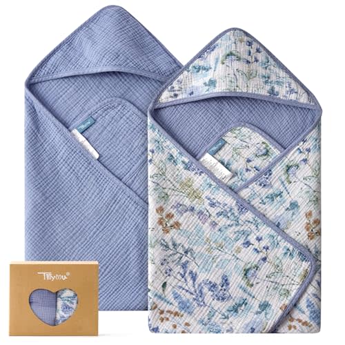 TILLYOU Muslin Hooded Baby Towels for Newborn 2 Pack, 32x32Inch Soft Baby Bath Towel Highly Absorbent for Newborn and Infant, Essential for Newborn Care, Blue Flower