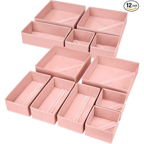 DIMJ Fabric Drawer Organizer Bins - 12 Pack Foldable Sock & Clothes Organizer - Pink