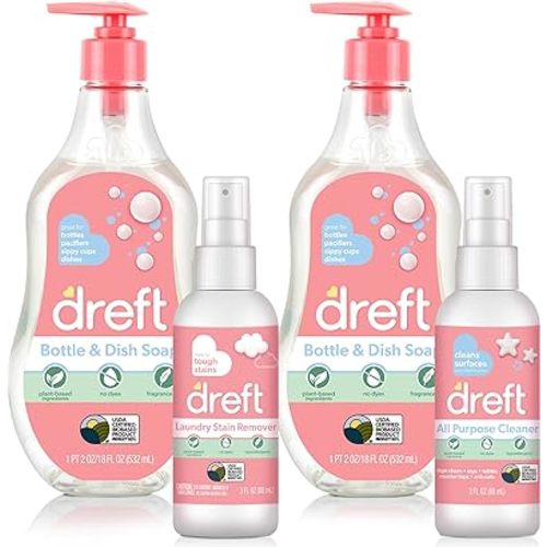 DREFT Bottle and Dish Soap Baby Gift Set - Bonus Travel Size Dreft All Purpose Cleaner & Stain Remover - Made to Clean Baby Essentials - Plant Based Ingredients, Fragrance Free Formula - 4 Piece Set