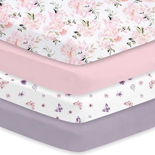 Little Grape Land Crib Sheets Girl 4 Pack, Baby Crib Sheets for Standard Crib & Toddler Mattress, Super Soft Breathable Crib Sheet Set for Girls (Floral & Butterfly)