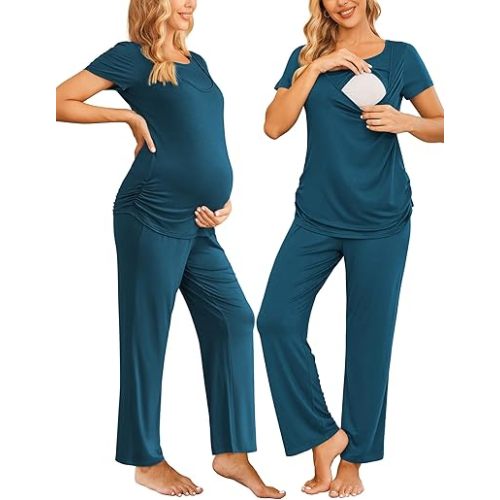 Ekouaer Women Maternity Nursing Pajama Set Breastfeeding Sleepwear Set Short Sleeve Top & Pants Postpartum Pajamas