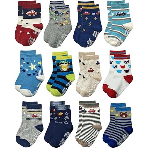 RATIVE Non Skid Anti Slip Crew Socks With Grips for Baby Infant Toddlers Kids Boys