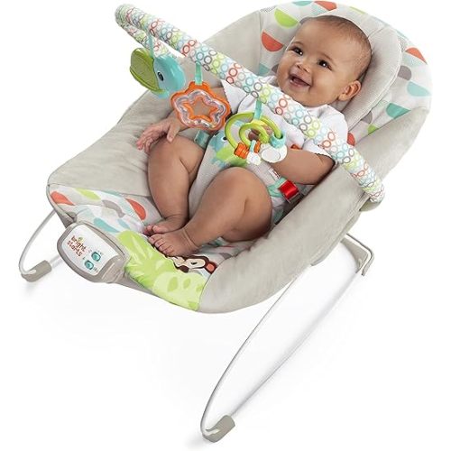 Bright Starts Baby Bouncer Soothing Vibrations Infant Seat - Taggies, Music, Removable -Toy Bar, 0-6 Months Up to 20 lbs (Happy Safari)