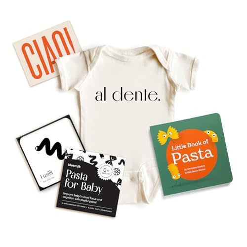 BlueMilk Pasta Baby Bundle Gender Neutral Baby Pregnancy Announcement New Parent Box Unique Italian Foodie Newborn Essentials Book Bodysuit High Contrast Sensory Toys Personalized Postcard Keepsake