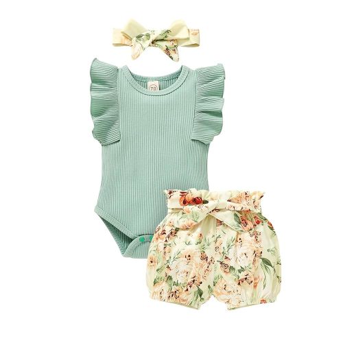 Tiny Cutey Baby Girl Clothes Infant Summer Outfits Set Ruffle Sleeve Romper and Floral Shorts with Headband