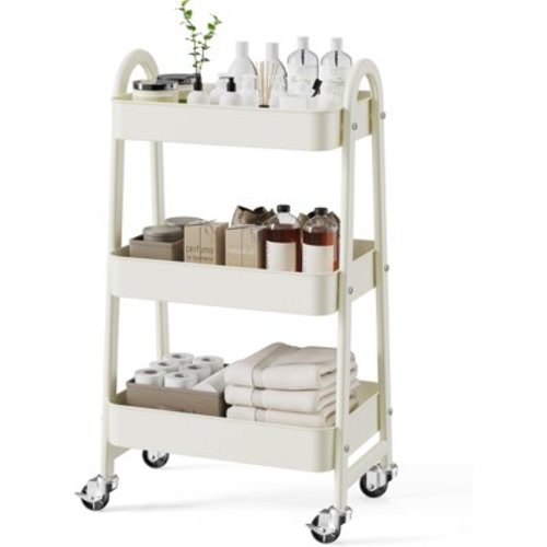 3 Tier Rolling Cart - Metal Utility Carts on Lockable Caster Wheels, Mobile Storage Shelves Organizer for Livingroom, Bathroom, Kitchen, Bedroom & Narrow Places, White