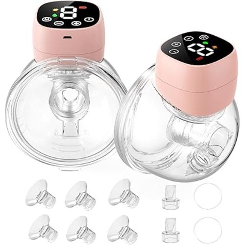 Hands Free Breast Pump, Wearable Breastfeeding Pump 3 Modes & 9 Levels, Double Electric Portable Pump Low Noise with Long Battery Life, 17/19/21/24mm, 2 Pack Pink