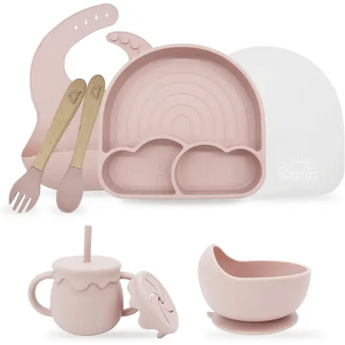Led Weaning Supplies - 8 Piece Silicone Baby Feeding Set - Complete Toddler Self Feeding Dish Set with Suction Bowl Divided Plate - Baby Spoons Self Feeding 6 Months - Baby Feeding Set