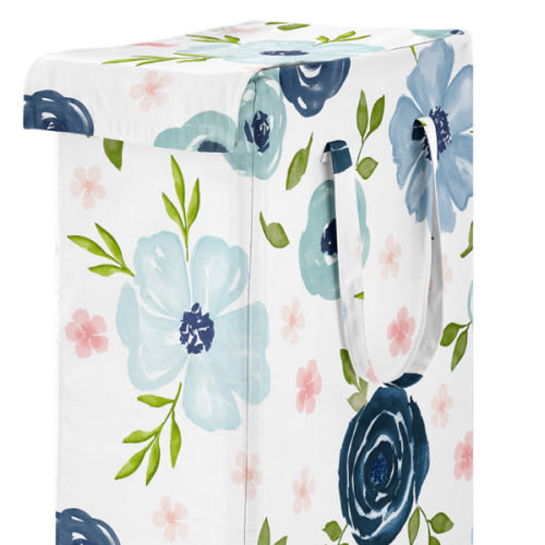 Watercolor Floral Navy Blue And Pink Collection Laundry Hamper with Handles